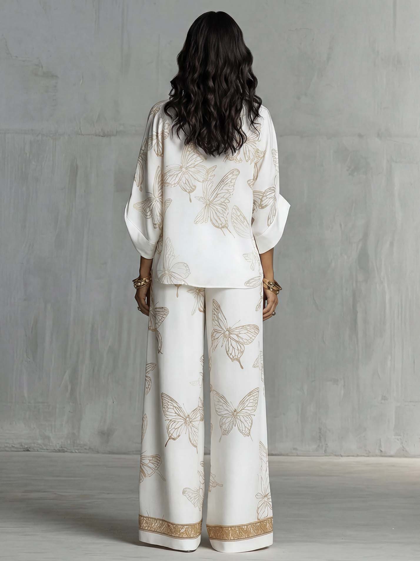 Bohemian Luxe Butterfly Jacquard Blouse & Wide-Leg Pants Set