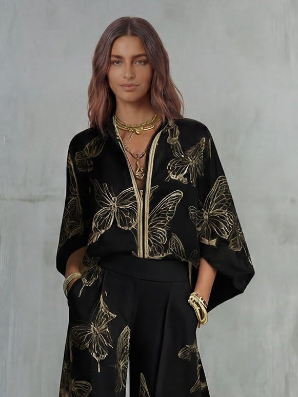 Bohemian Luxe Butterfly Jacquard Blouse & Wide-Leg Pants Set