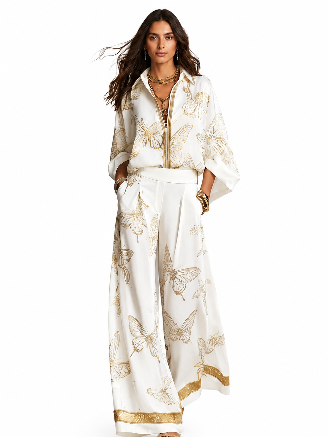Bohemian Luxe Butterfly Jacquard Blouse & Wide-Leg Pants Set