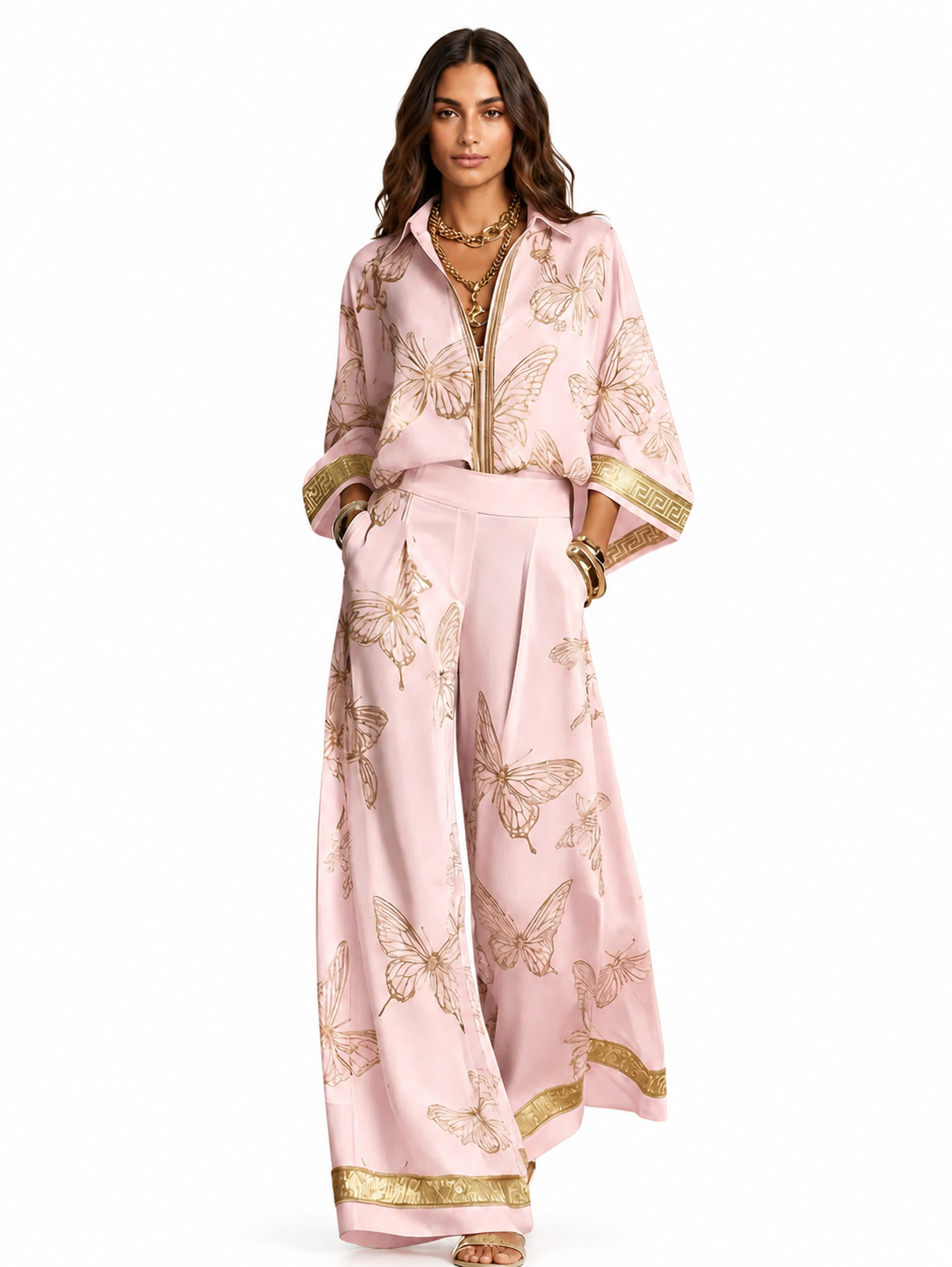 Bohemian Luxe Butterfly Jacquard Blouse & Wide-Leg Pants Set