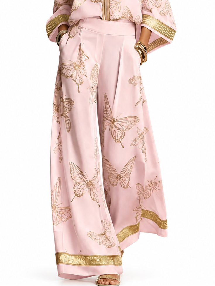 Bohemian Luxe Butterfly Jacquard Blouse & Wide-Leg Pants Set