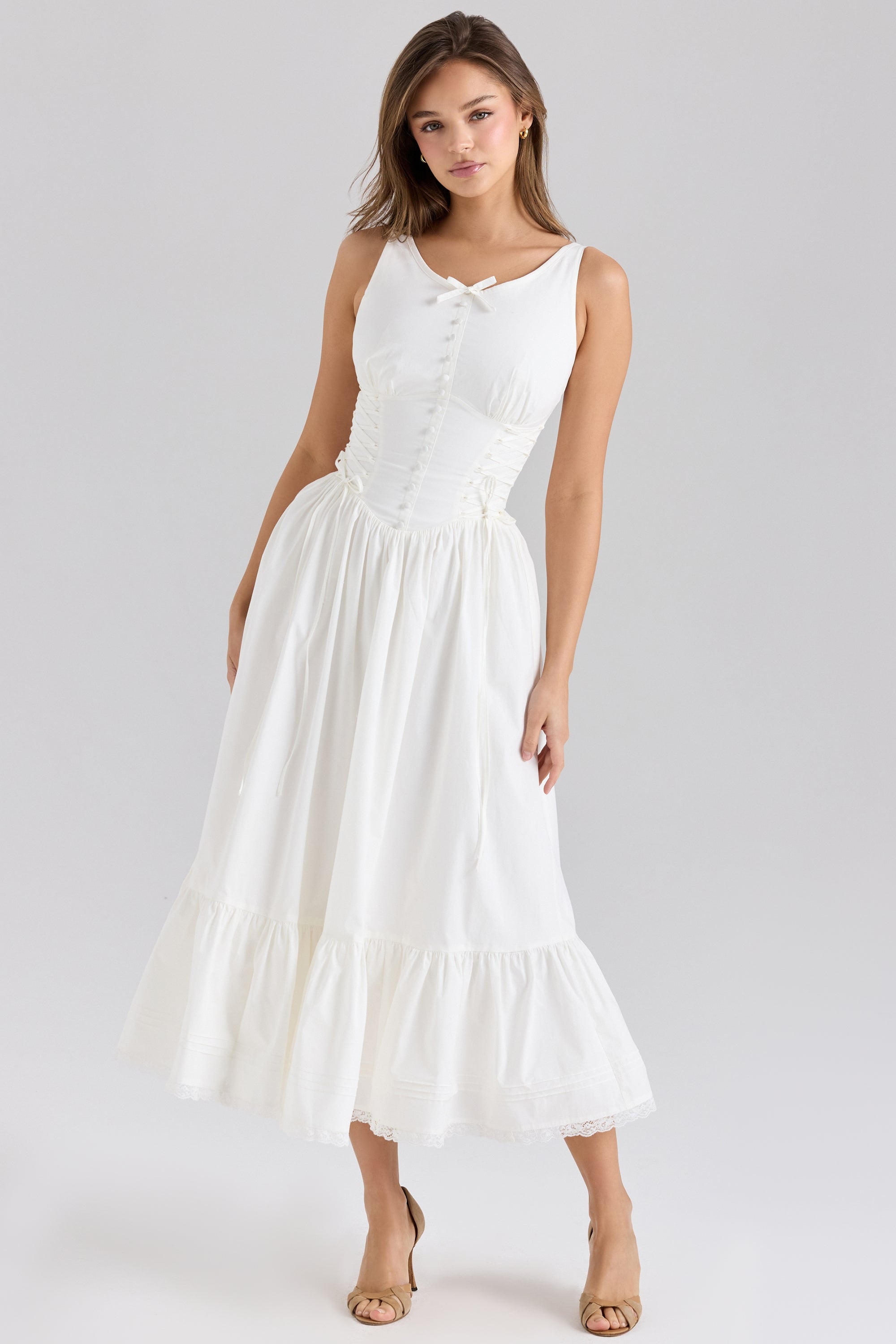 white stretch cotton broderie anglaise midi dress
