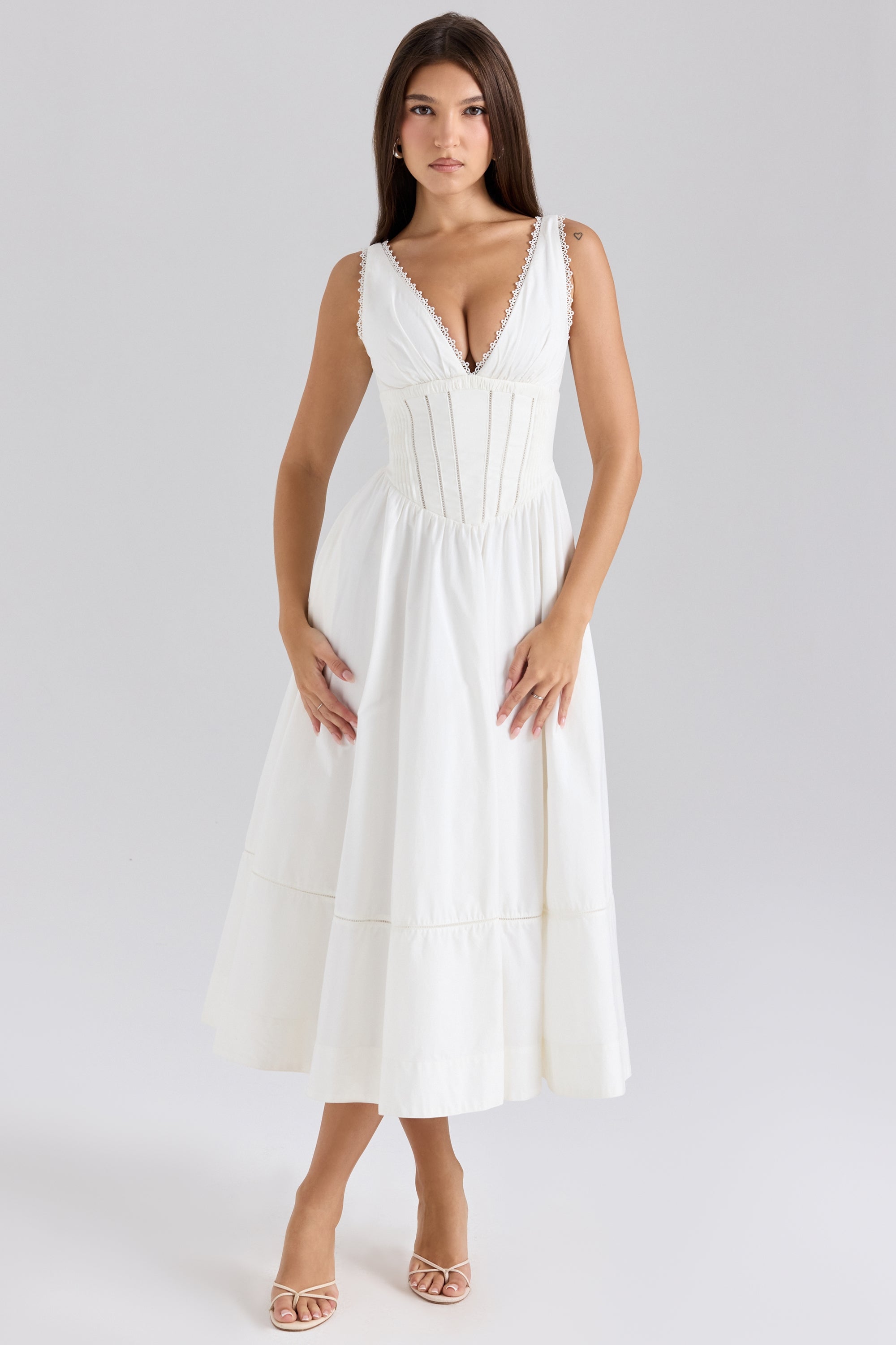 white stretch cotton broderie anglaise midi dress
