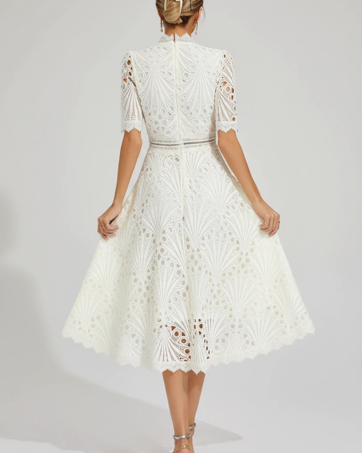 Women's Short Sleeve Lace A-Line Midi Dress