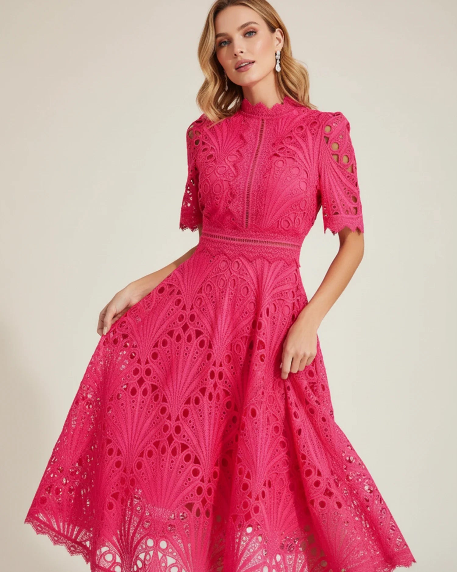 Women's Short Sleeve Lace A-Line Midi Dress