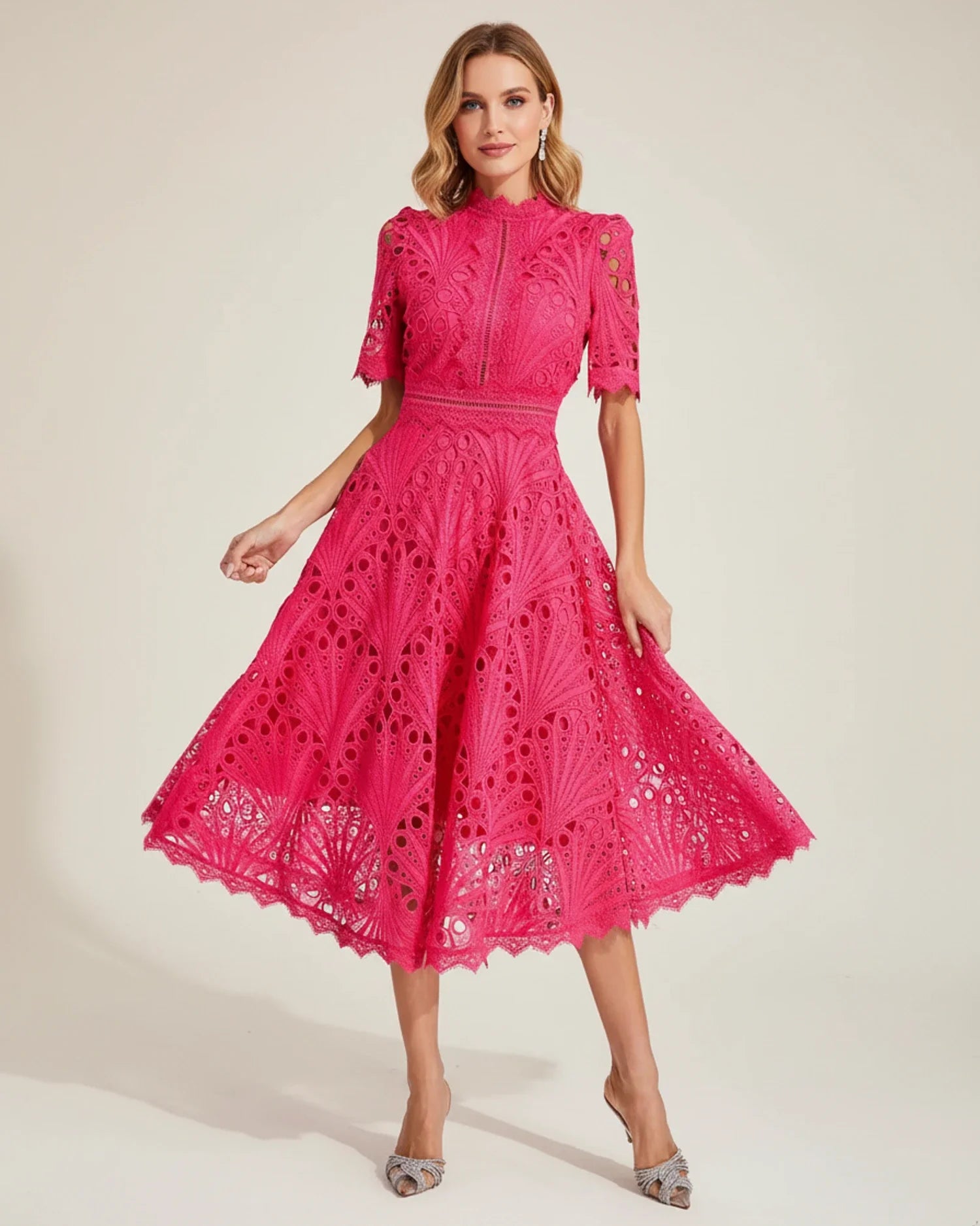 Women's Short Sleeve Lace A-Line Midi Dress