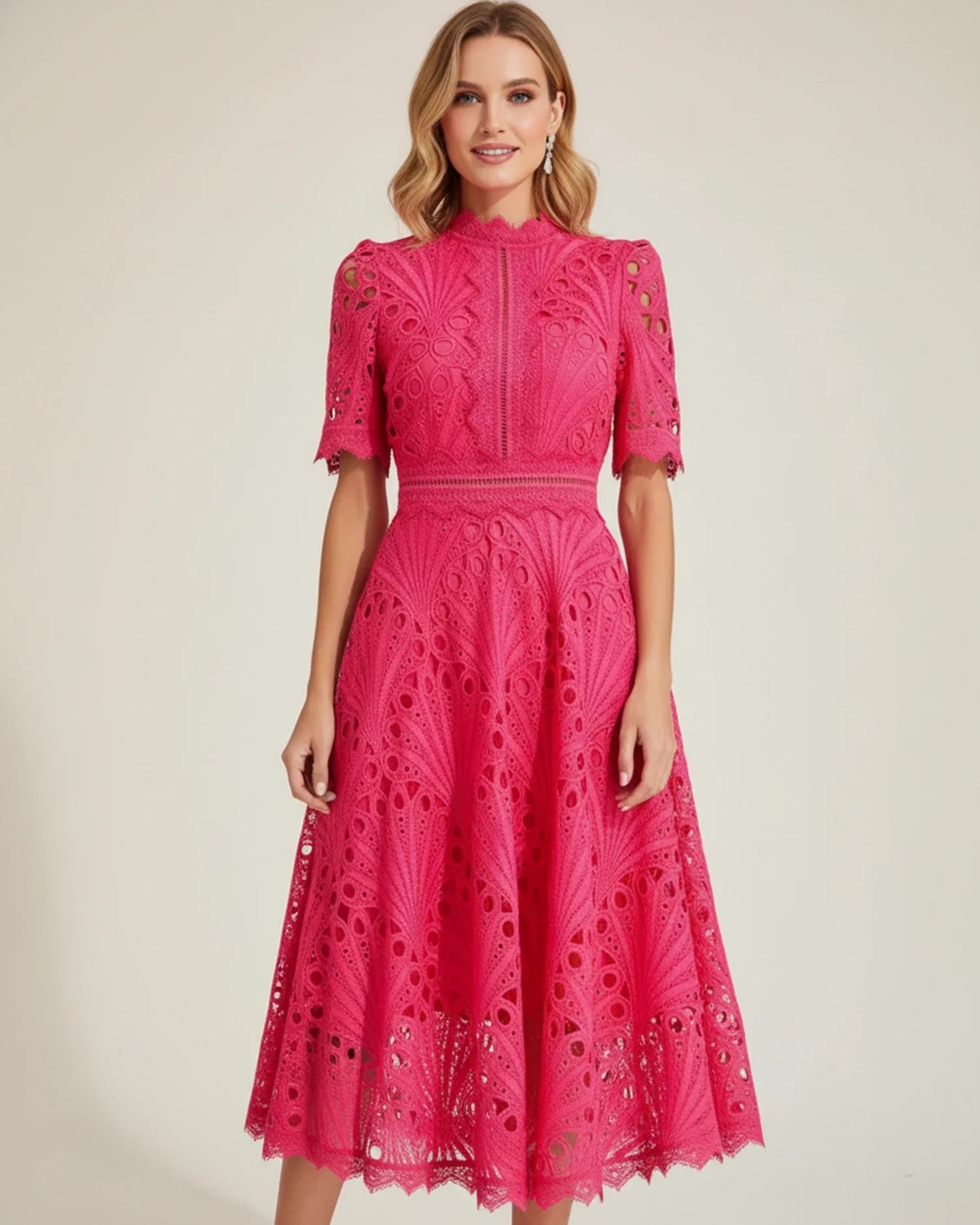 Women's Short Sleeve Lace A-Line Midi Dress