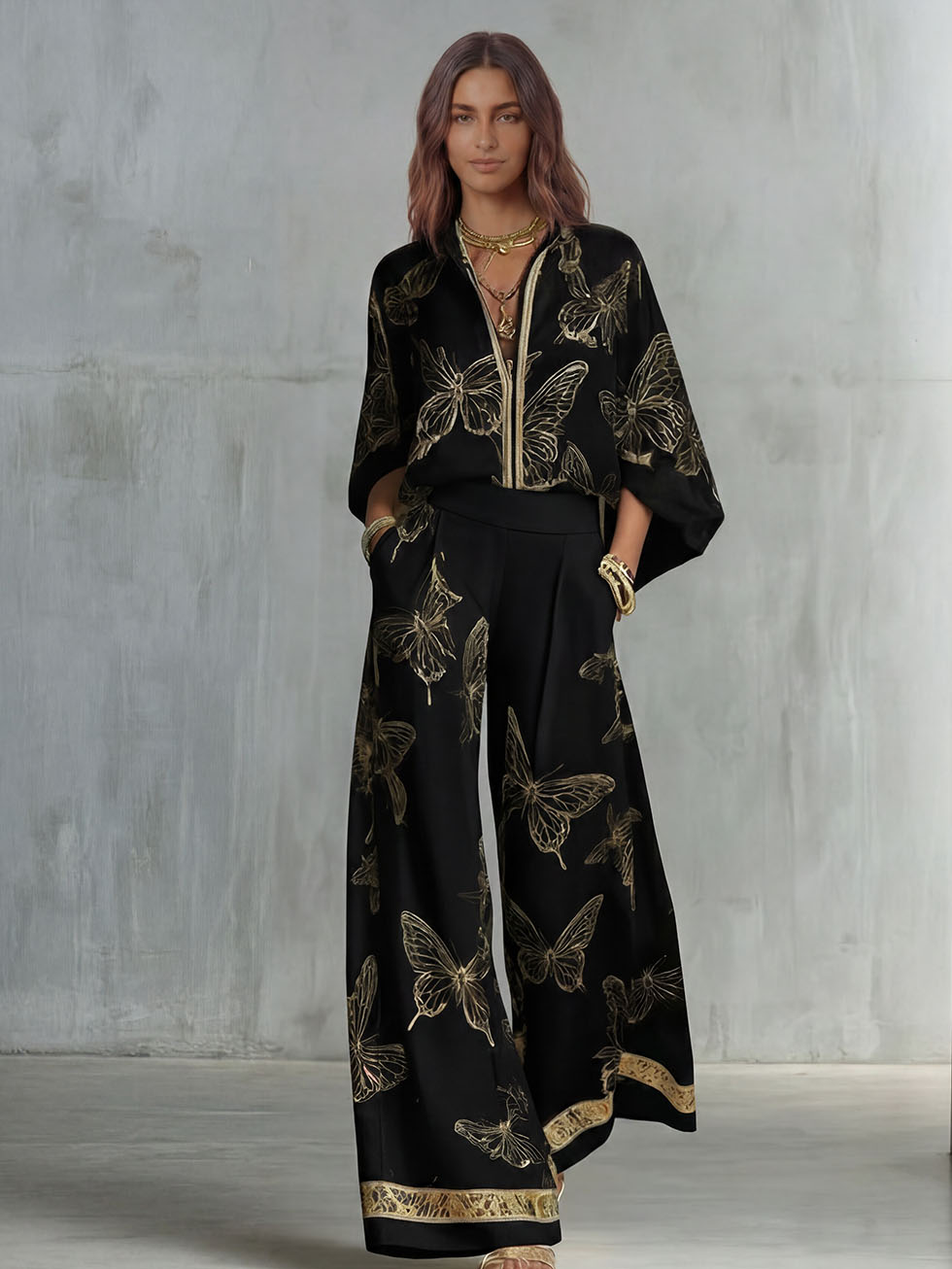 Bohemian Luxe Butterfly Jacquard Blouse & Wide-Leg Pants Set