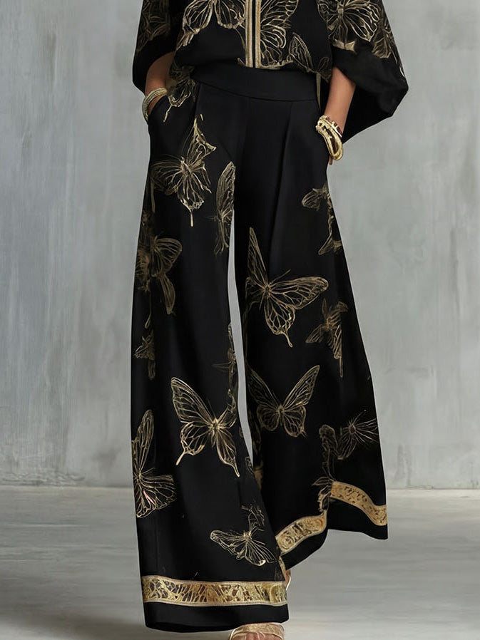 Bohemian Luxe Butterfly Jacquard Blouse & Wide-Leg Pants Set