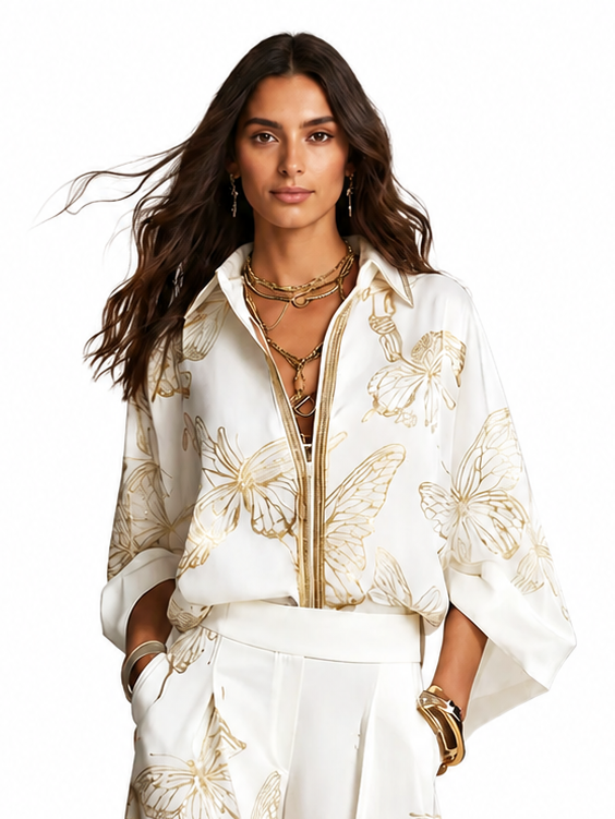Bohemian Luxe Butterfly Jacquard Blouse & Wide-Leg Pants Set