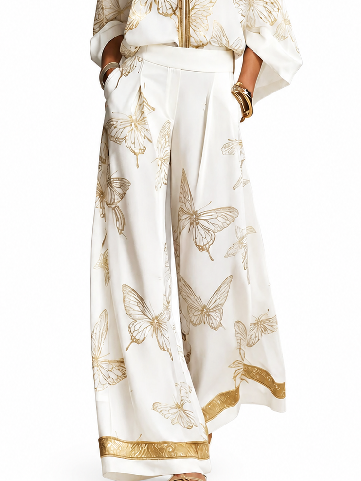 Bohemian Luxe Butterfly Jacquard Blouse & Wide-Leg Pants Set