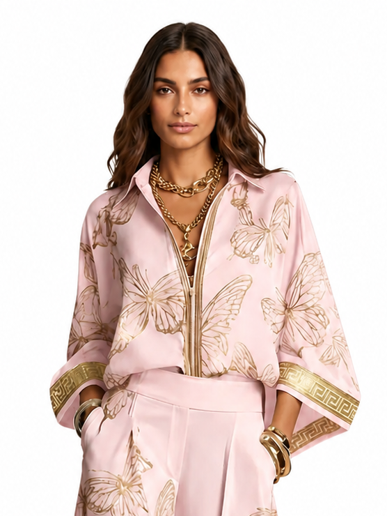 Bohemian Luxe Butterfly Jacquard Blouse & Wide-Leg Pants Set