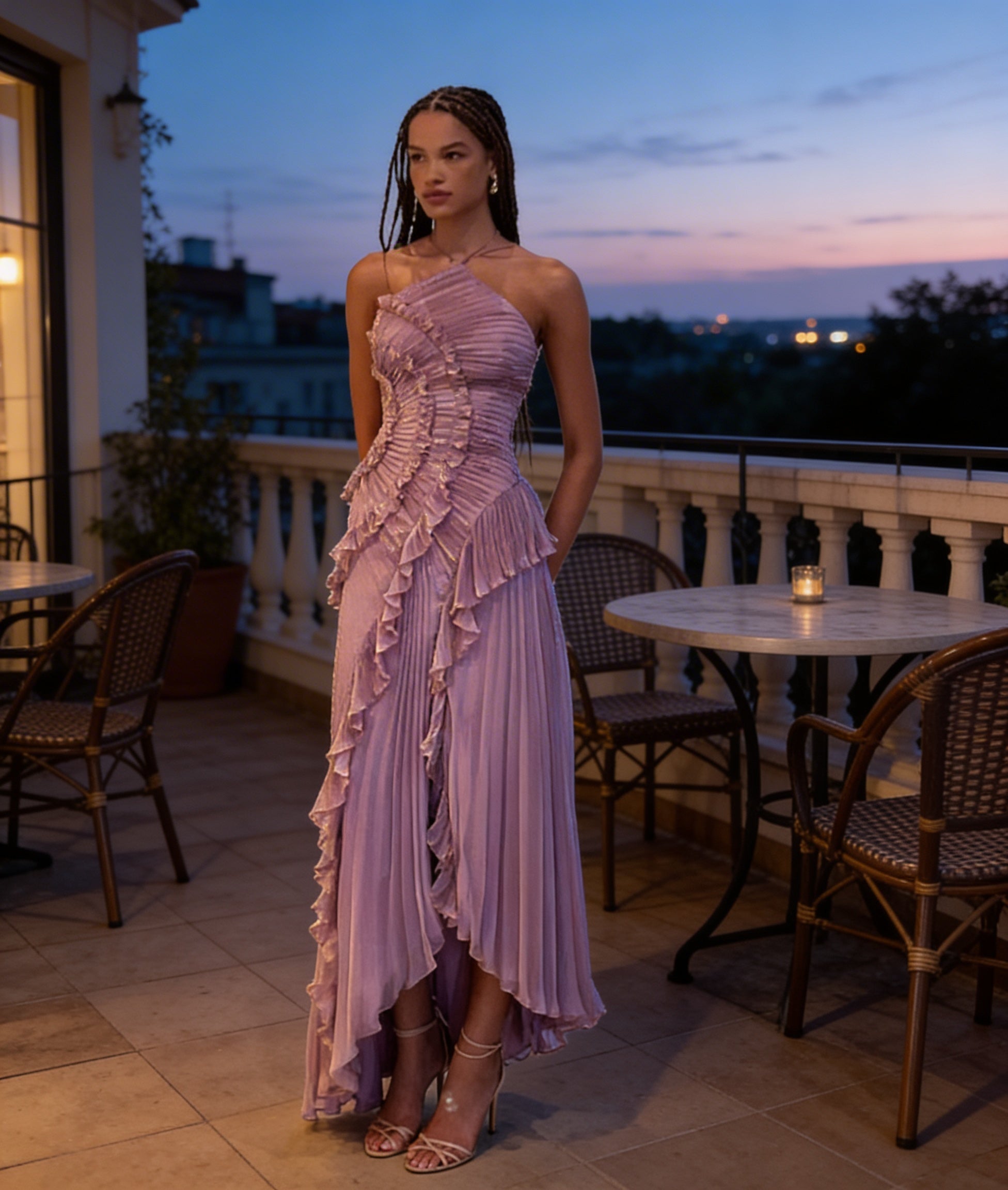 Wedding Guest Maxi Dress - Pleated Ruffle Halter - Lilac | Violette