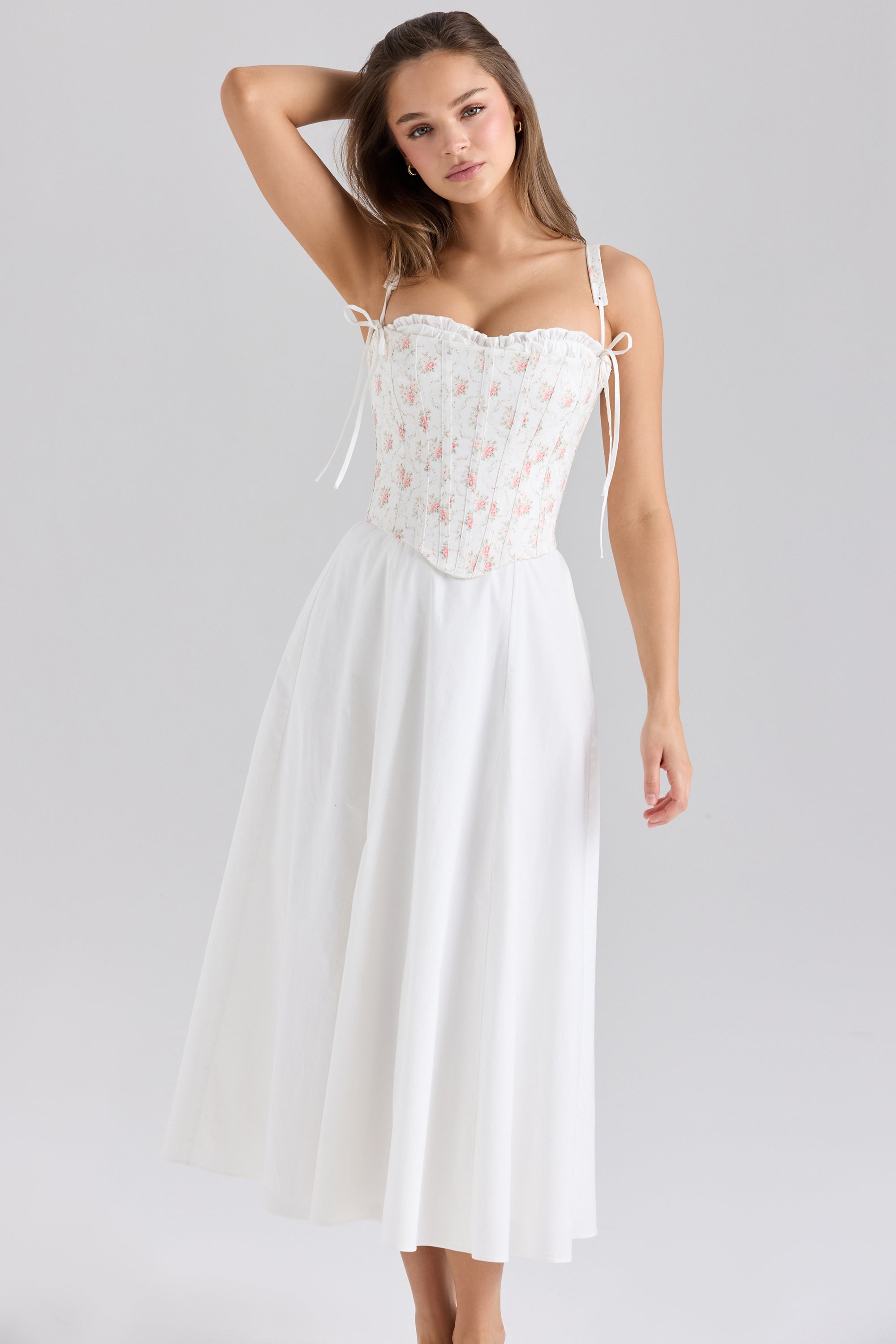 white stretch cotton broderie anglaise midi dress