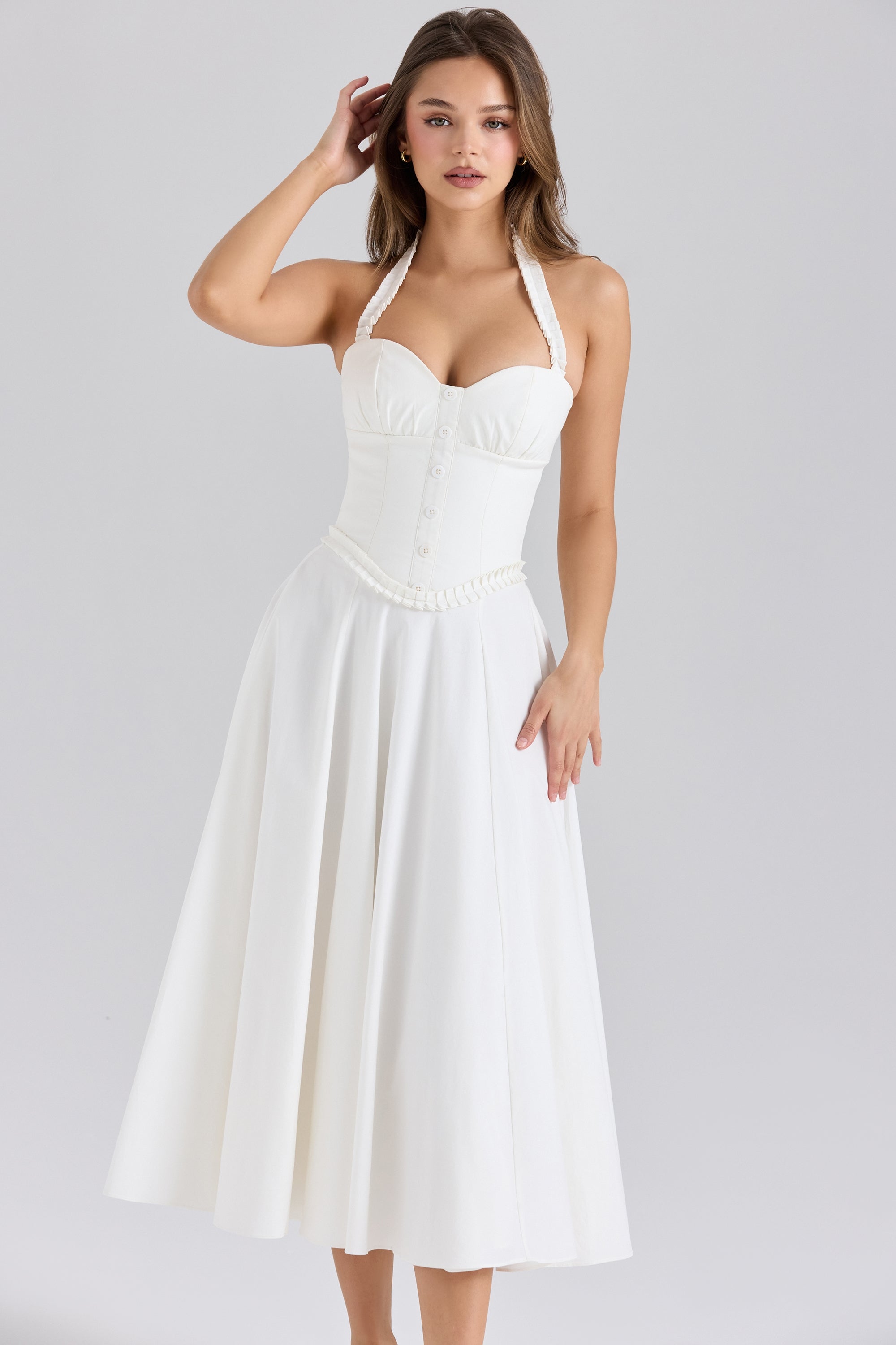 white stretch cotton broderie anglaise midi dress