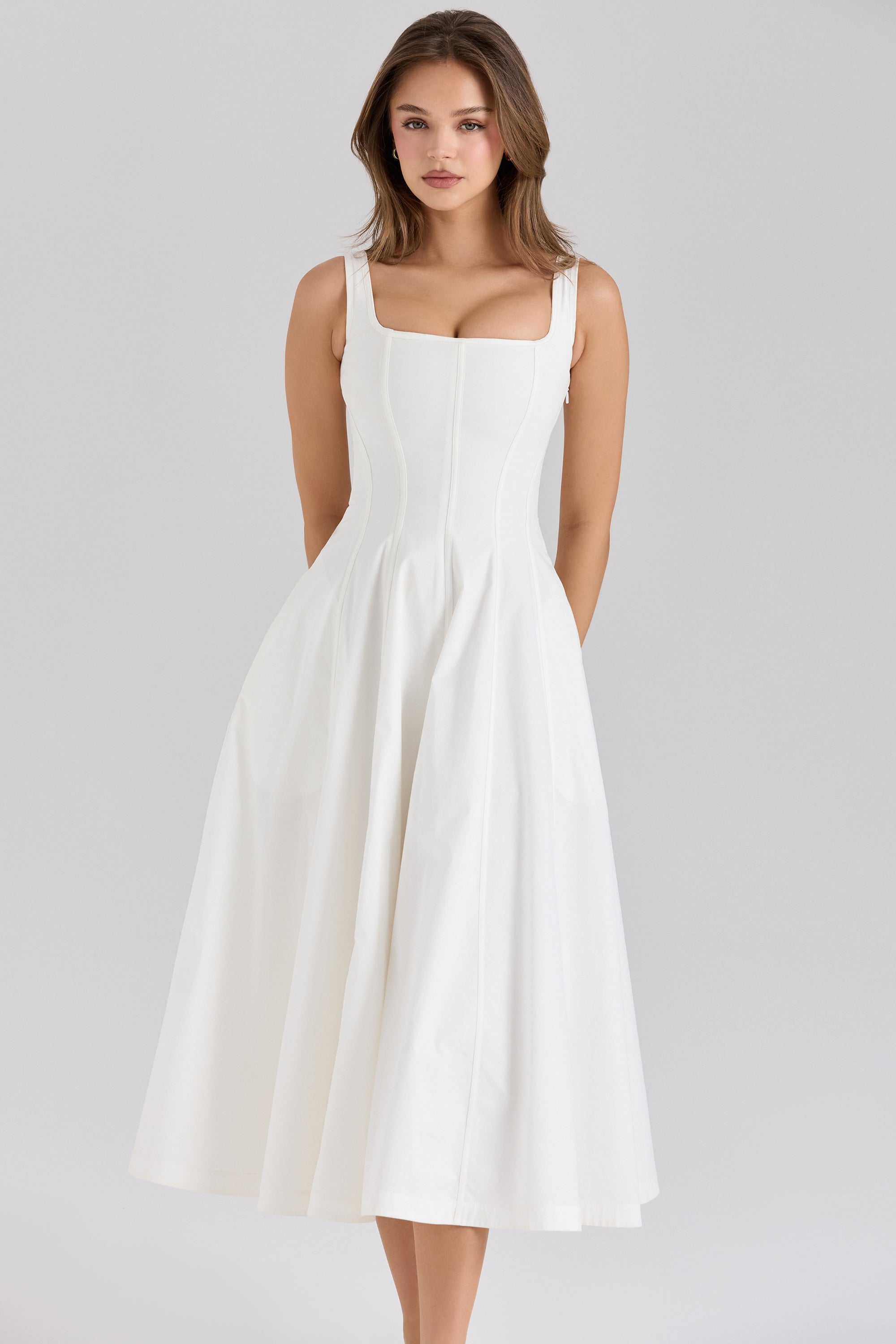 white stretch cotton broderie anglaise midi dress