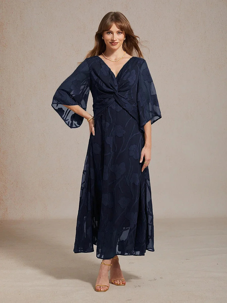 Lace Floral Twisted Ruffle Chiffon Maxi Dress