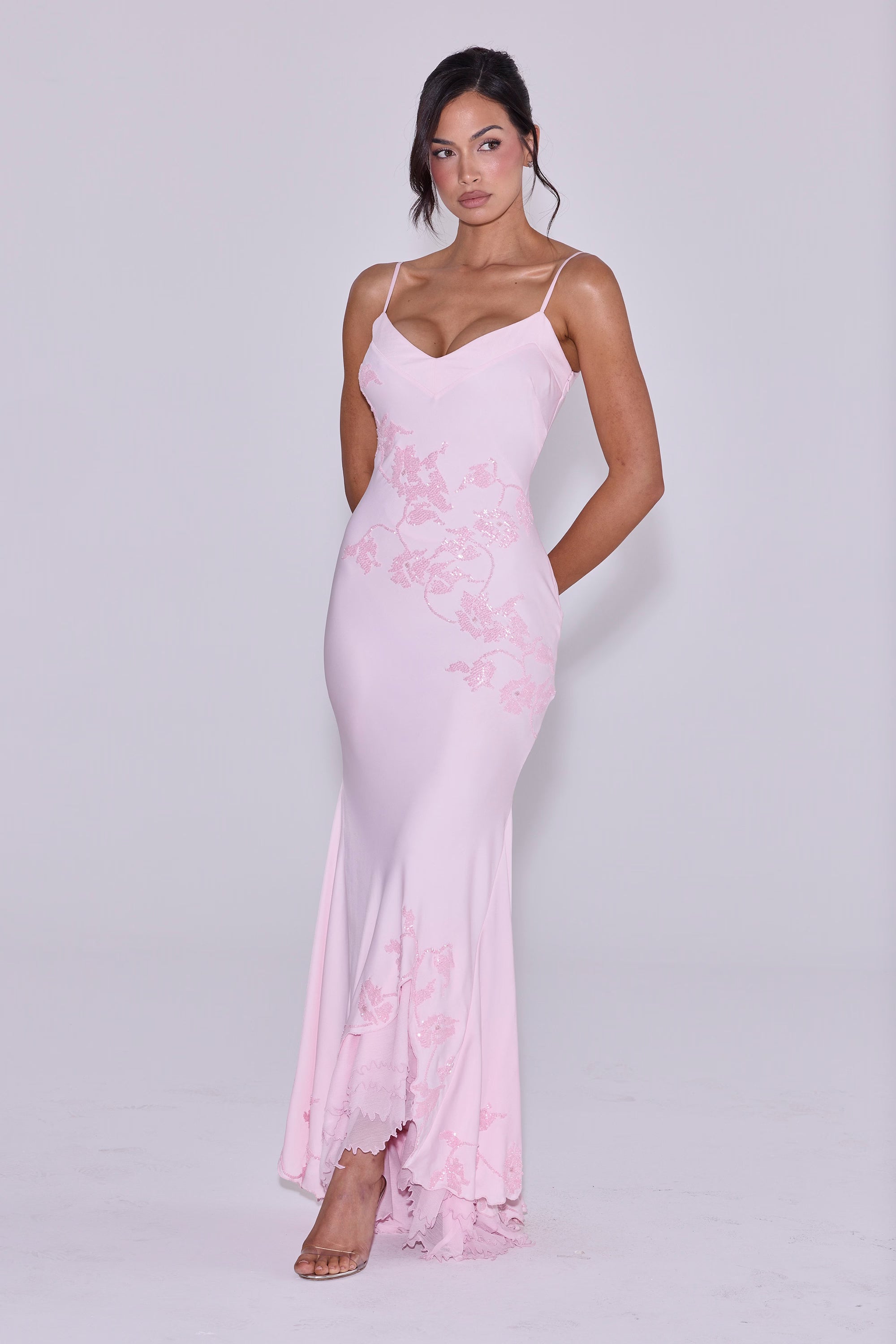 Anastelle hand beaded embellished satin maxi dress