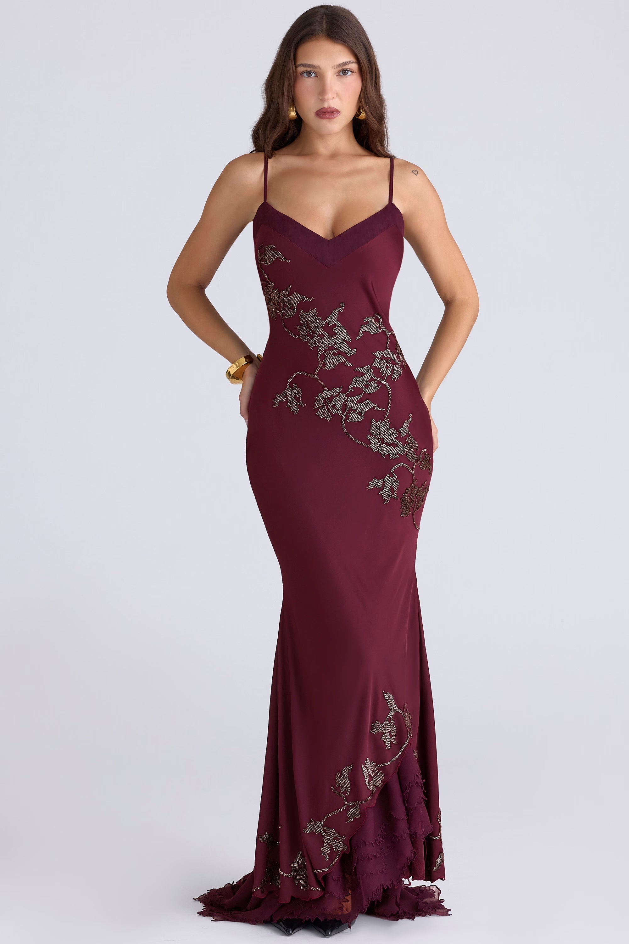 Anastelle hand beaded embellished satin maxi dress