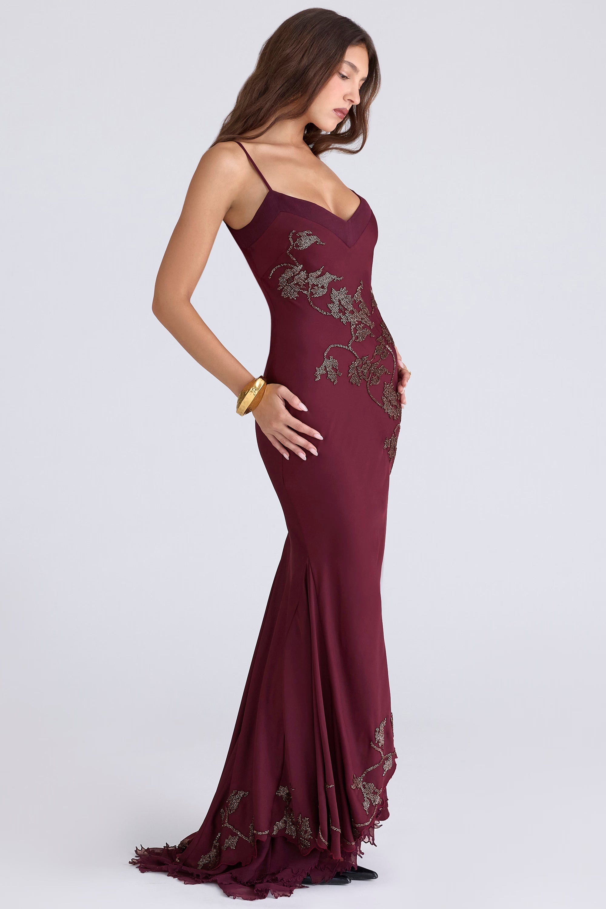 Anastelle hand beaded embellished satin maxi dress