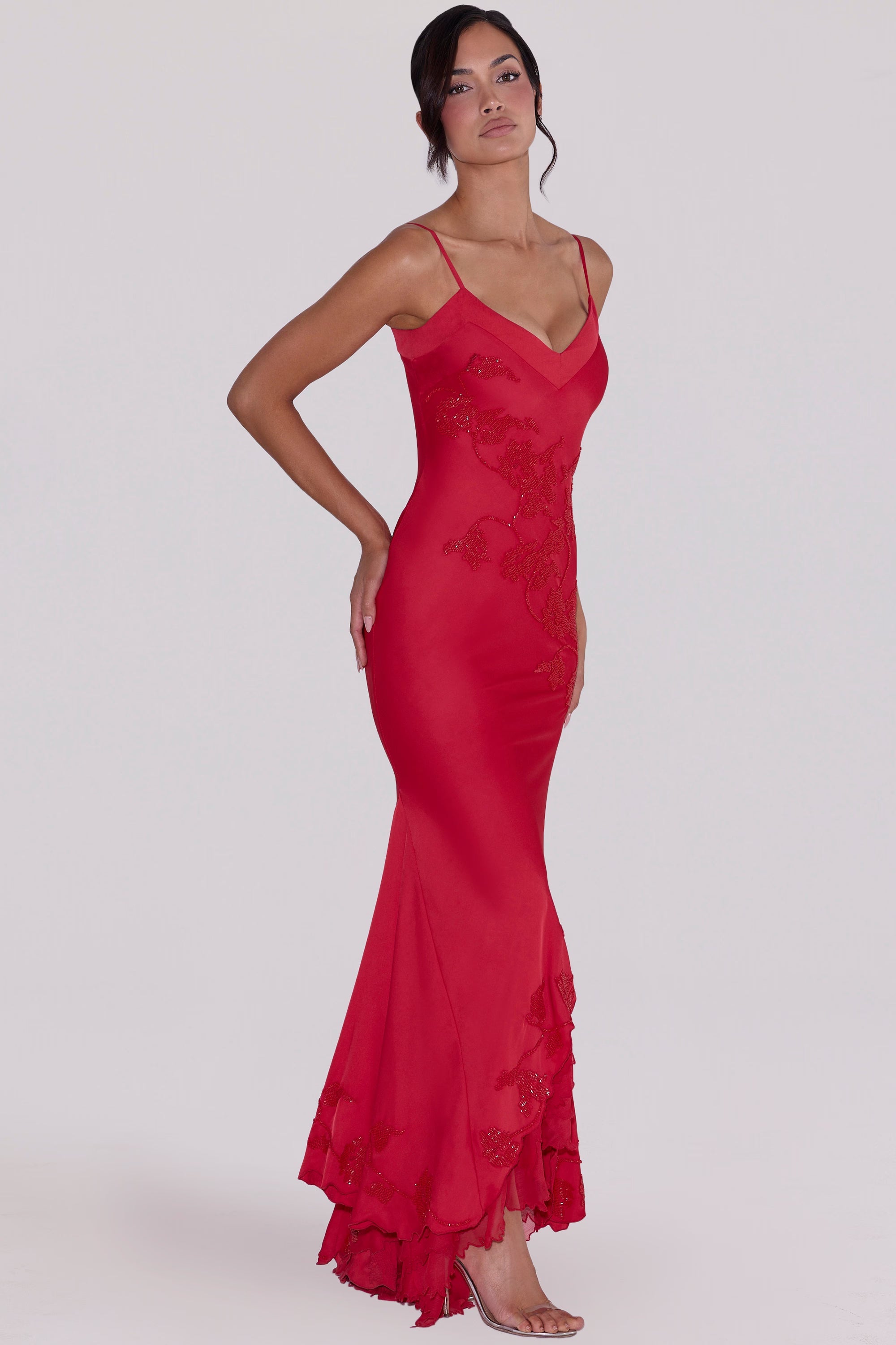 Anastelle hand beaded embellished satin maxi dress
