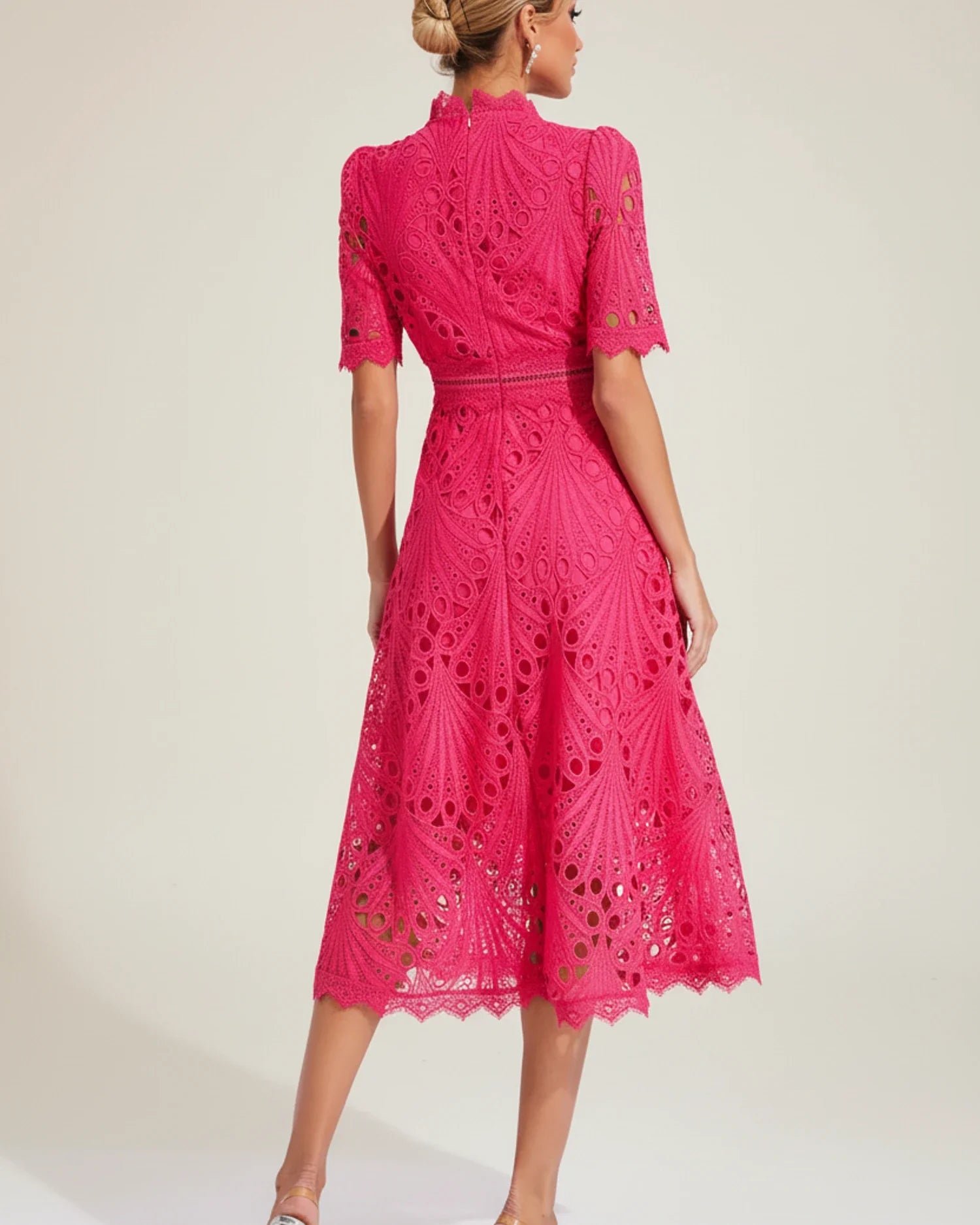 Women's Short Sleeve Lace A-Line Midi Dress