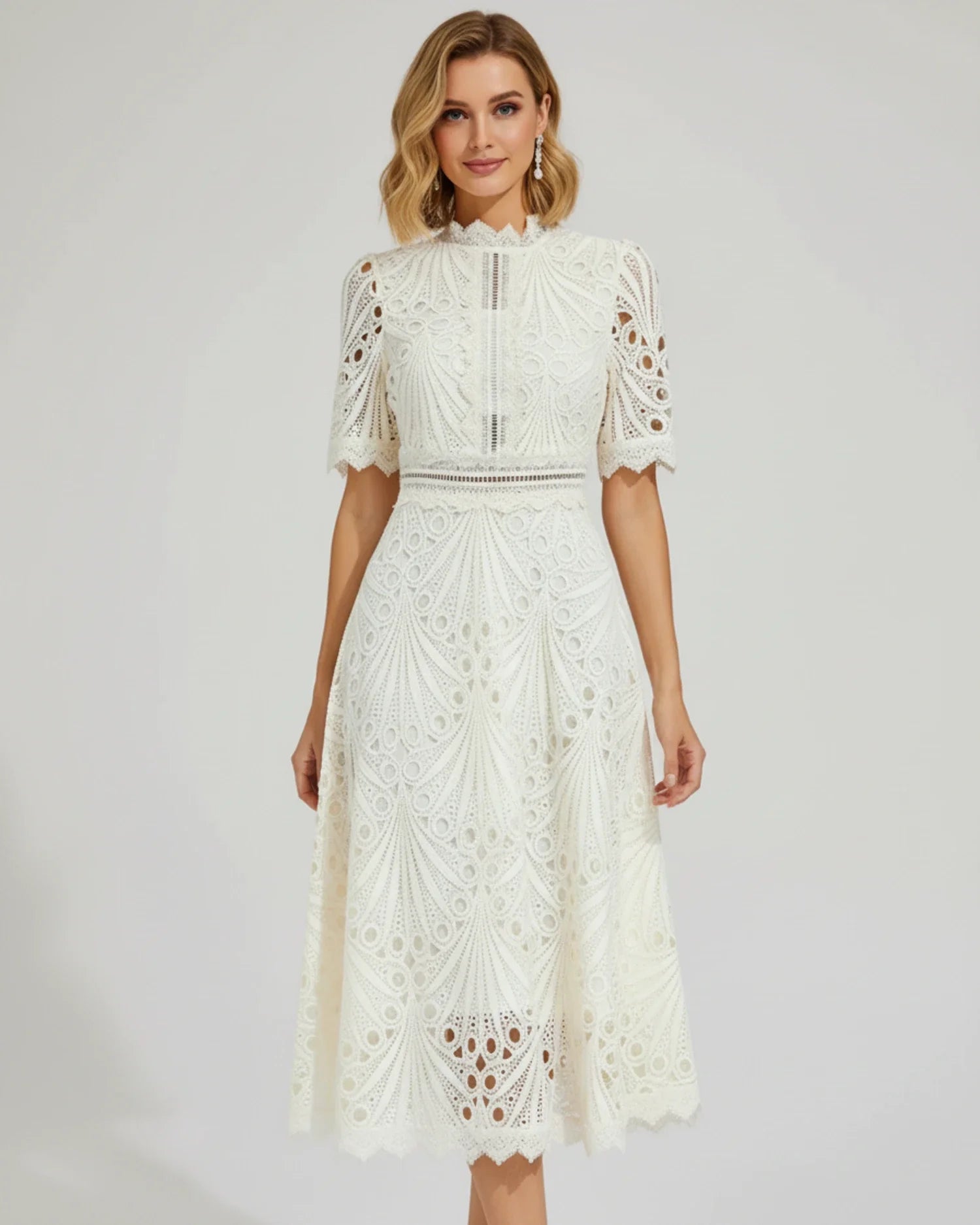 Women's Short Sleeve Lace A-Line Midi Dress
