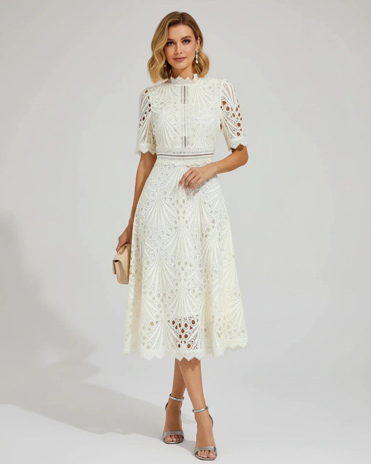 Women's Short Sleeve Lace A-Line Midi Dress